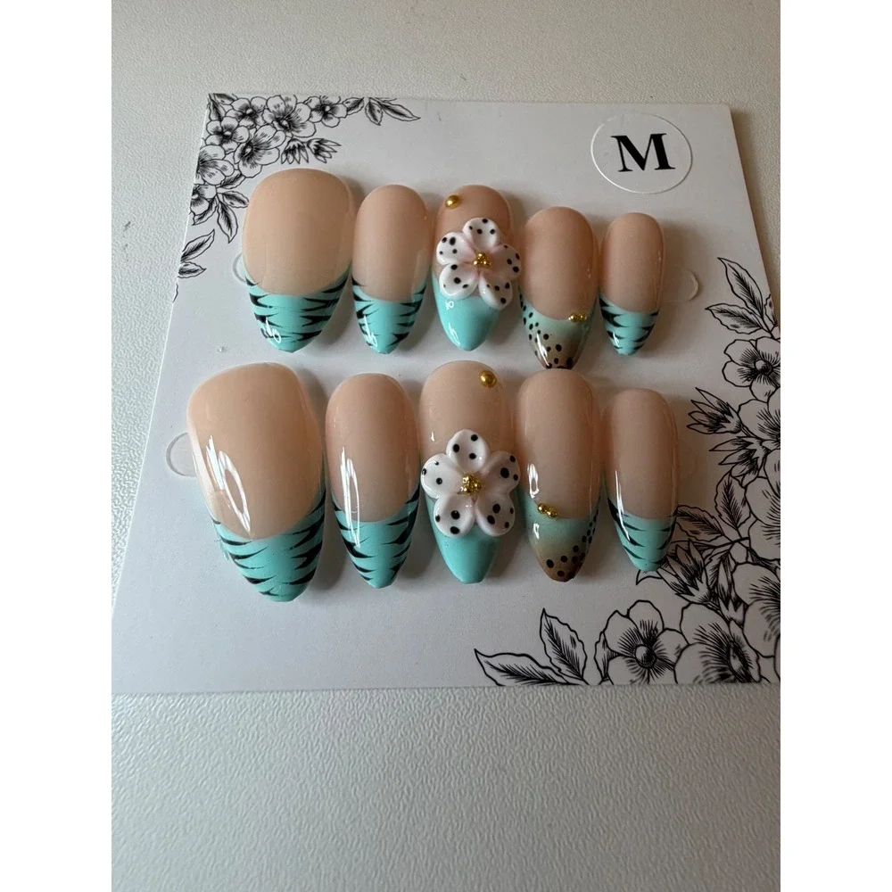 Mint Green 3D Floral & Tiger Stripe Press On Nails Set Size M Handmade